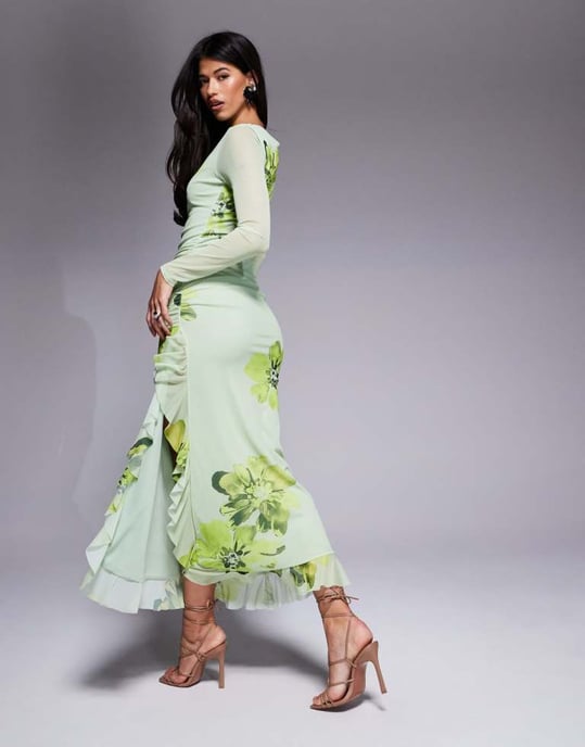 ASOS DESIGN mesh long sleeve frill detail a line maxi dress in green floral print - Image 2