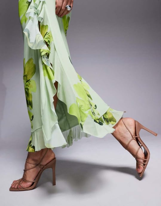 ASOS DESIGN mesh long sleeve frill detail a line maxi dress in green floral print - Image 3