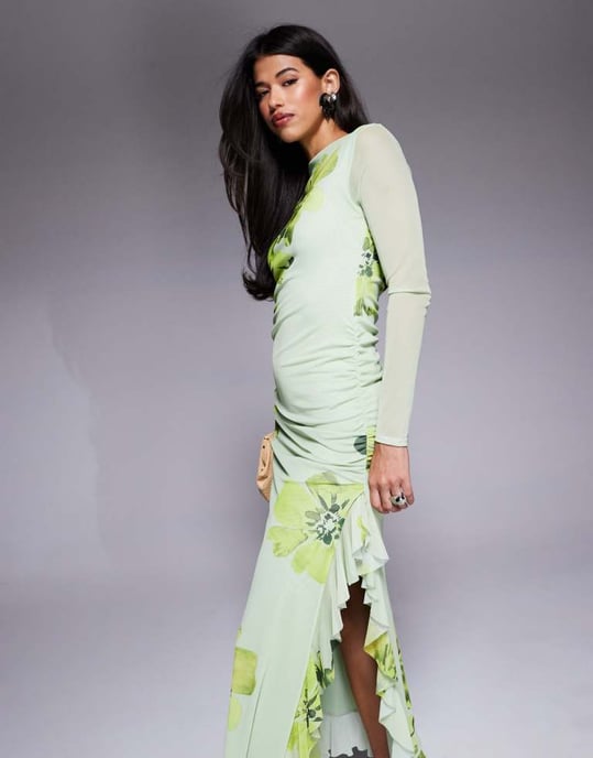 ASOS DESIGN mesh long sleeve frill detail a line maxi dress in green floral print - Image 4