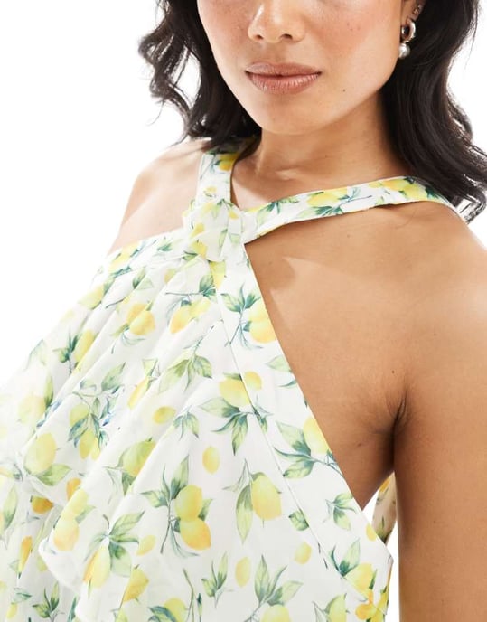 Vero Moda Felicia halterneck maxiklänning med tiered design och corsage-detalj i citrontryck - Image 2