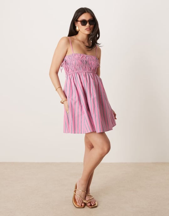 Abercrombie & Fitch babydoll smockad poplin maxi klänning i rosa och blå ränder - Image 2
