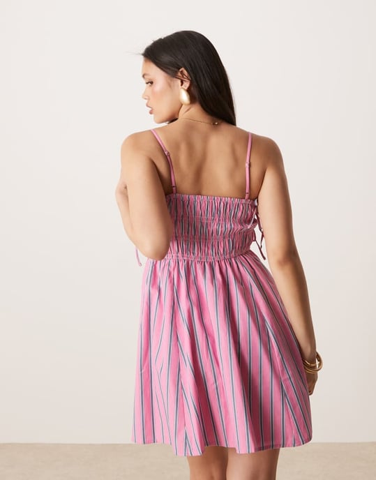 Abercrombie & Fitch babydoll smockad poplin maxi klänning i rosa och blå ränder - Image 4