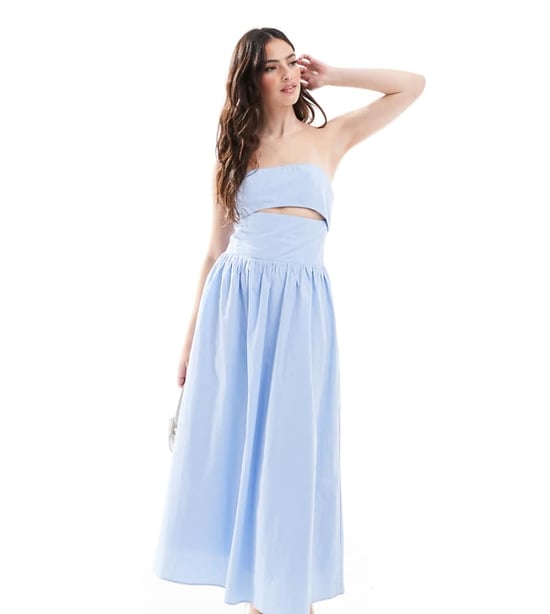 The Frolic exclusive poplin bandeau cut out tie back detail maxi dress in blue - Image 1