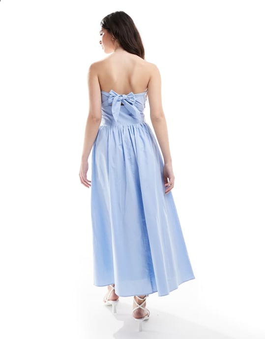 The Frolic exclusive poplin bandeau cut out tie back detail maxi dress in blue - Image 3