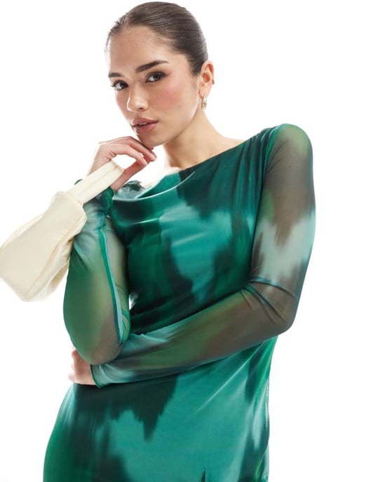 Vero Moda långärmad meshklänning maxi i mörkgrön abstrakt - Image 2