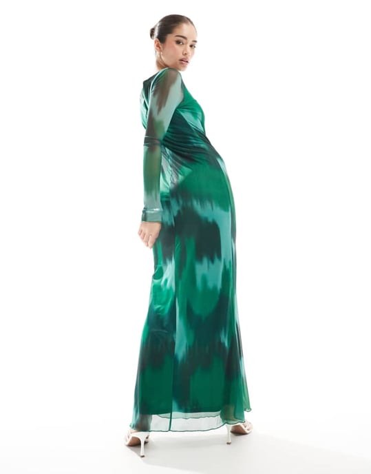 Vero Moda långärmad meshklänning maxi i mörkgrön abstrakt - Image 4
