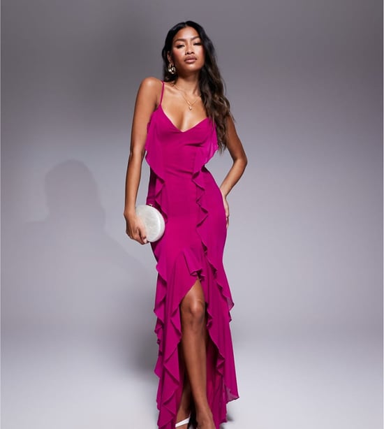 Murci exclusive ruffle detail cami front split maxi dress in dark pink - Image 1