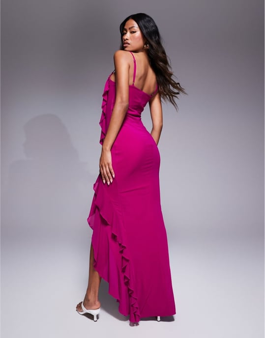 Murci exclusive ruffle detail cami front split maxi dress in dark pink - Image 3