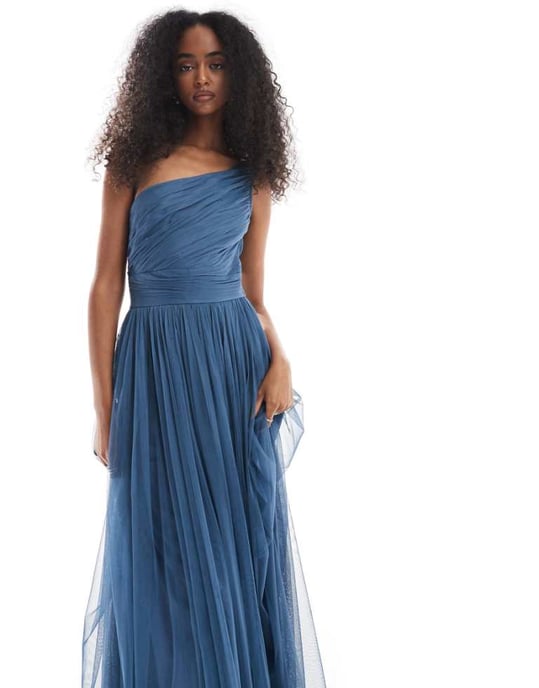 Lace & Beads Bridesmaid one shoulder maxi dress in deep blue - Image 1