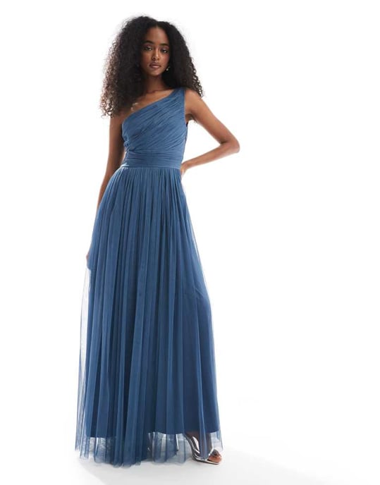 Lace & Beads Bridesmaid one shoulder maxi dress in deep blue - Image 3