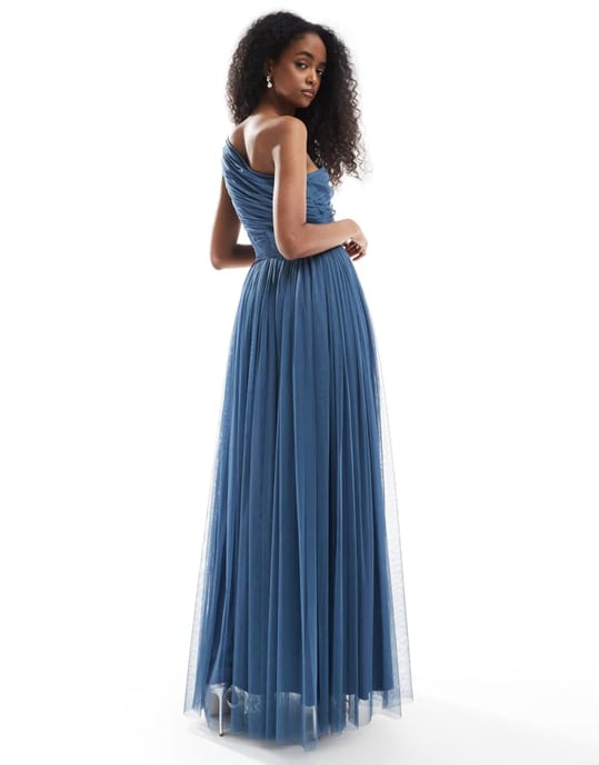 Lace & Beads Bridesmaid one shoulder maxi dress in deep blue - Image 4