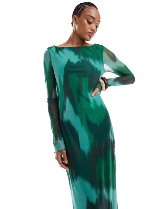Vero Moda Tall långärmad nät maxi-klänning i mörkgrön abstrakt - Image 2