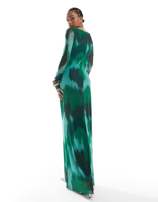 Vero Moda Tall långärmad nät maxi-klänning i mörkgrön abstrakt - Image 3