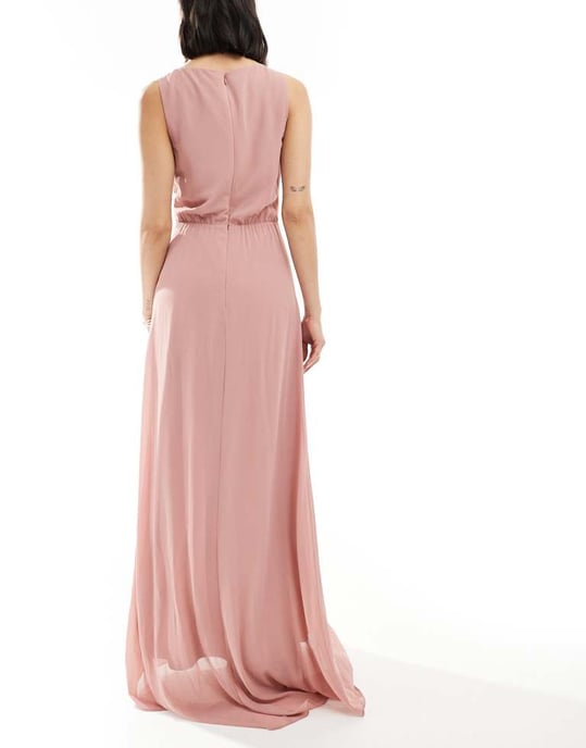 TFNC Bridesmaid chiffon wrap front maxi dress with wrap skirt in dusky pink - Image 4
