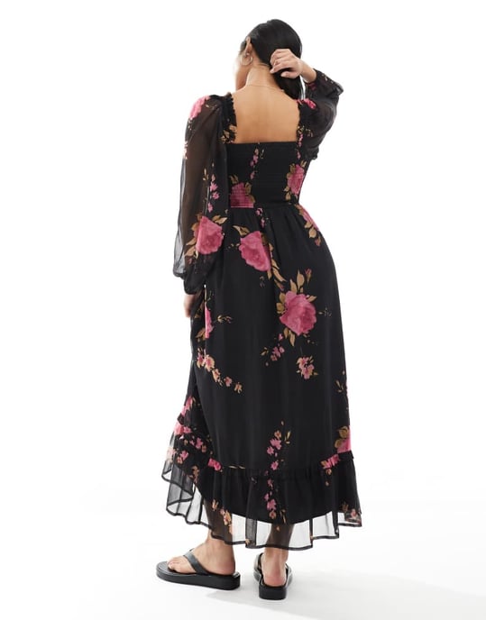 Miss Selfridge Petite långärmad maxiklänning med korsett detaljer i rosenmönster - Image 2