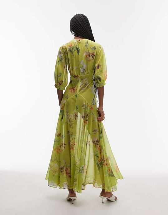 ASOS DESIGN genomskinlig sömdetalj maxikjol i grön vintageblommor - Image 2