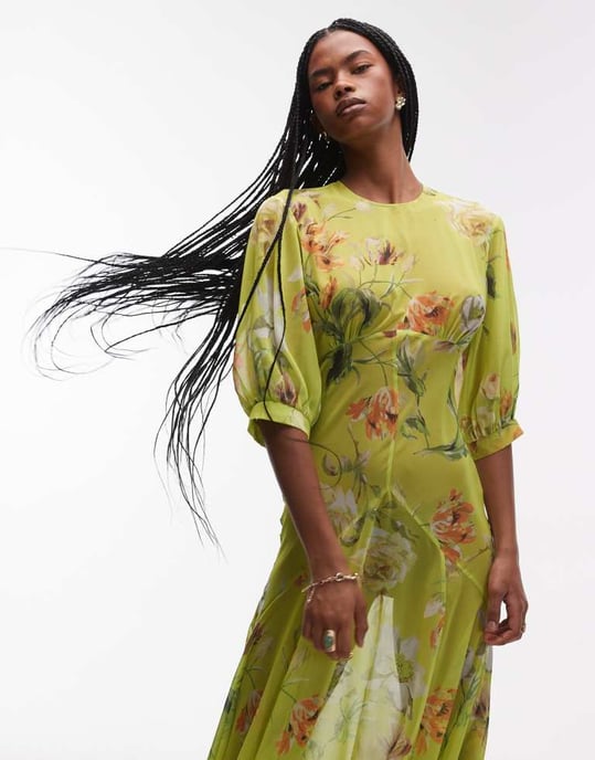 ASOS DESIGN genomskinlig sömdetalj maxikjol i grön vintageblommor - Image 3