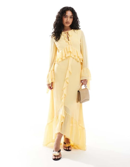 TFNC chiffon maxi dress with frill detail in pale yellow - Image 1
