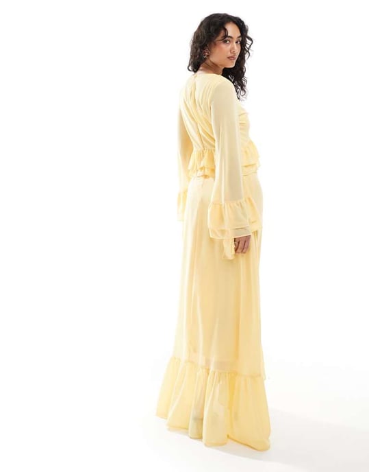 TFNC chiffon maxi dress with frill detail in pale yellow - Image 3