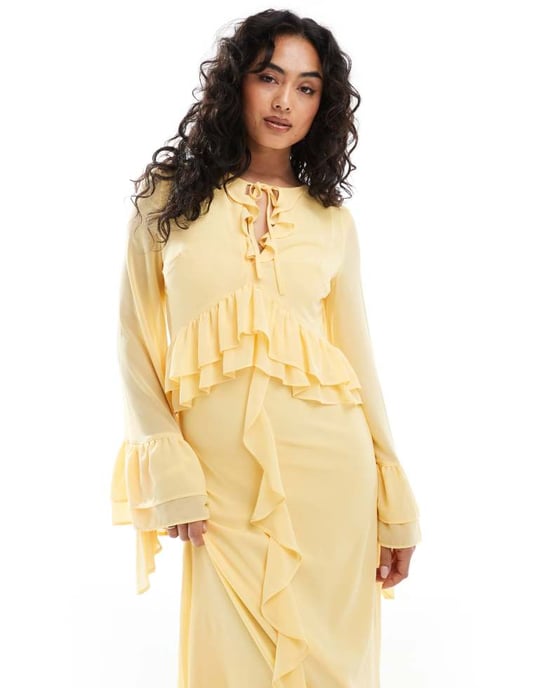 TFNC chiffon maxi dress with frill detail in pale yellow - Image 4
