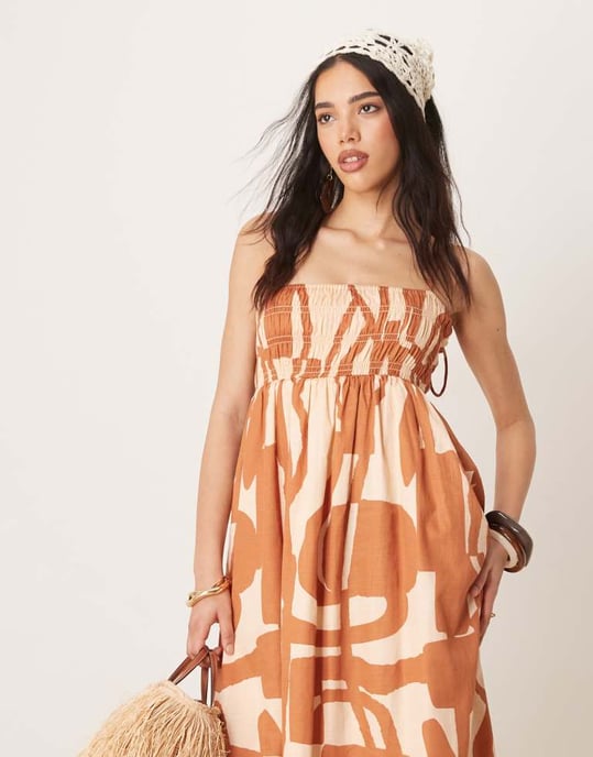 ASOS DESIGN rynkad byst bomullssatin maxiklänning i abstrakt mönster - Image 2