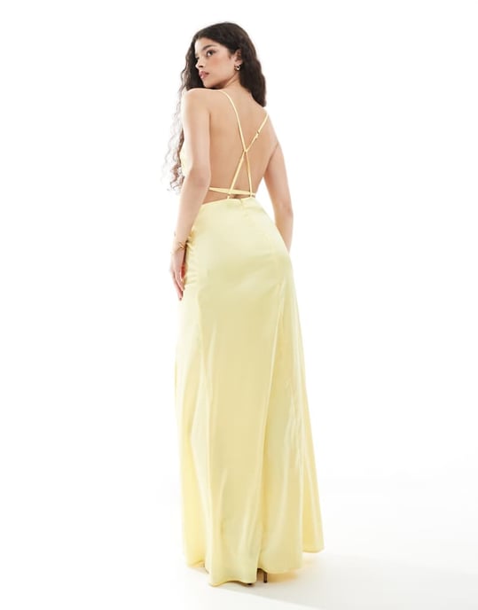 TFNC Bridesmaid satin maxi dress with minimal back detail in lemon - Image 1