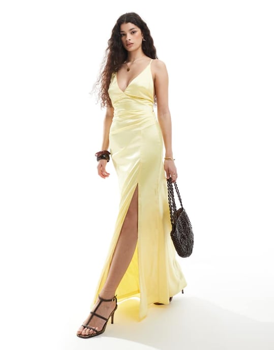 TFNC Bridesmaid satin maxi dress with minimal back detail in lemon - Image 2