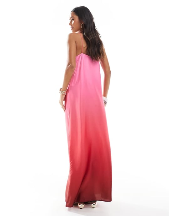Vero Moda fyrkantig halslinne satin maxislipsklänning i rosa och röd ombre - Image 2