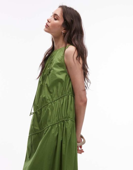 Topshop poplin volangkanal midiklänning i grön - Image 2