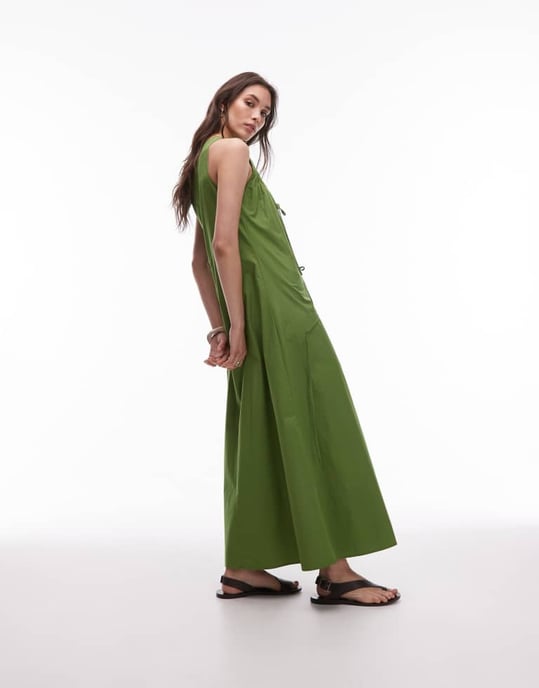 Topshop poplin volangkanal midiklänning i grön - Image 3
