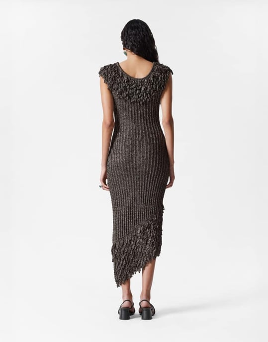 & Other Stories knitted midi dress with fringed neckline and hem in metallic grey - Image 3