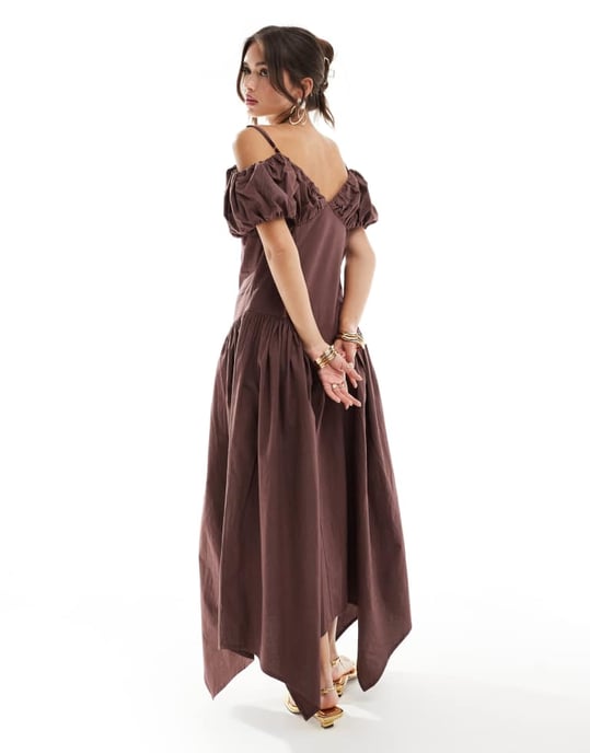 ASOS DESIGN bardotärmad knäppning midi-klänning med överdimensionerad kjol i choklad - Image 4