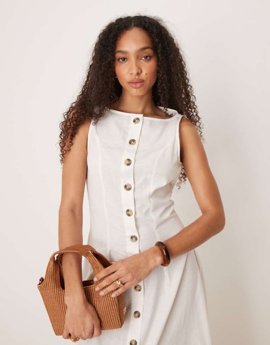 ASOS DESIGN slash neck button down waistcoat midi dress in white - Image 4