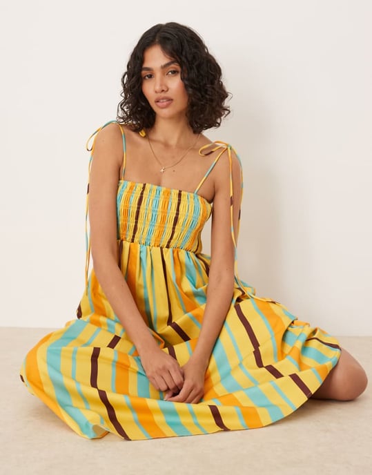 ASOS DESIGN rynkad byst bomullspoplin midi klänning i randig mönster - Image 1