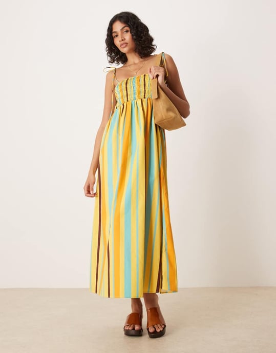 ASOS DESIGN rynkad byst bomullspoplin midi klänning i randig mönster - Image 2