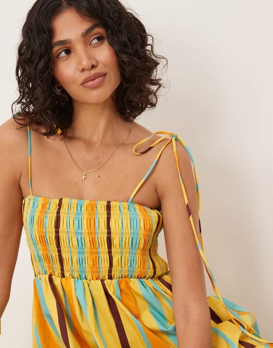 ASOS DESIGN rynkad byst bomullspoplin midi klänning i randig mönster - Image 3