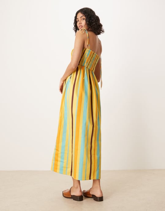 ASOS DESIGN rynkad byst bomullspoplin midi klänning i randig mönster - Image 4