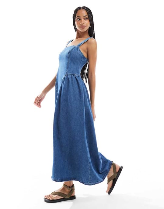 ASOS DESIGN denim midi-klänning med sidobollpaneler - Image 4