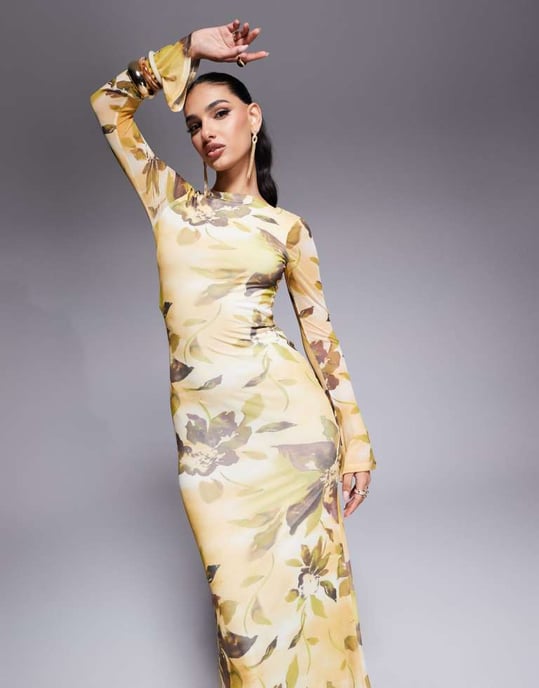 ASOS DESIGN änglavinge mesh midi-klänning med öppen rygg och knytdetaljer i gult blommönster - Image 2