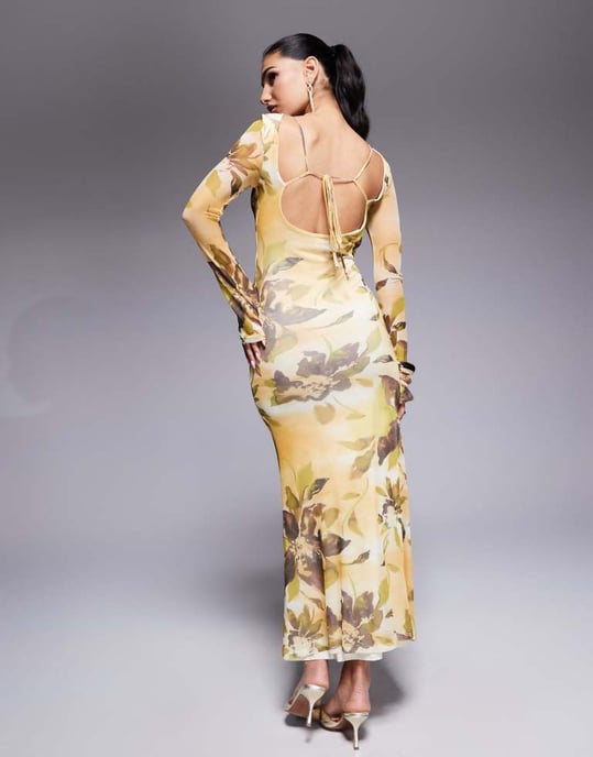 ASOS DESIGN änglavinge mesh midi-klänning med öppen rygg och knytdetaljer i gult blommönster - Image 3