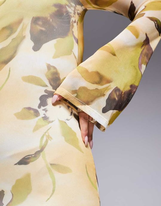 ASOS DESIGN änglavinge mesh midi-klänning med öppen rygg och knytdetaljer i gult blommönster - Image 4