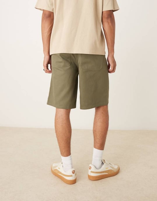 ASOS DESIGN lång längd canvas shorts i khaki - Image 3