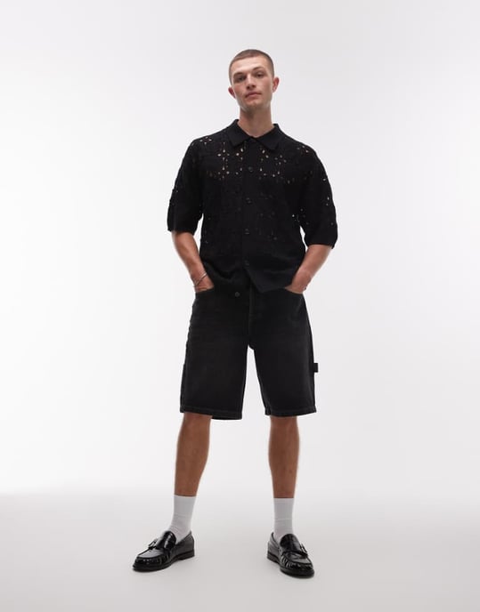 Topman denim snickarshorts i tvättad svart - Image 1