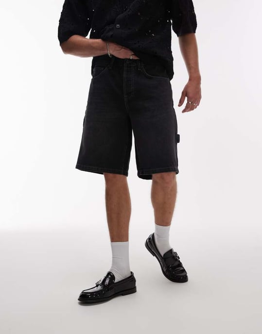 Topman denim snickarshorts i tvättad svart - Image 3