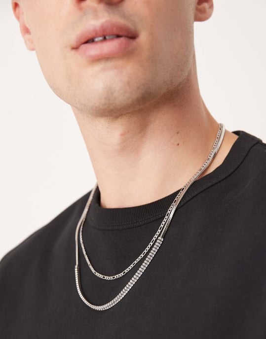 ASOS DESIGN festival vattentät rostfritt stål 2-pack baguette kristall och kedja halsband i silver - Image 1