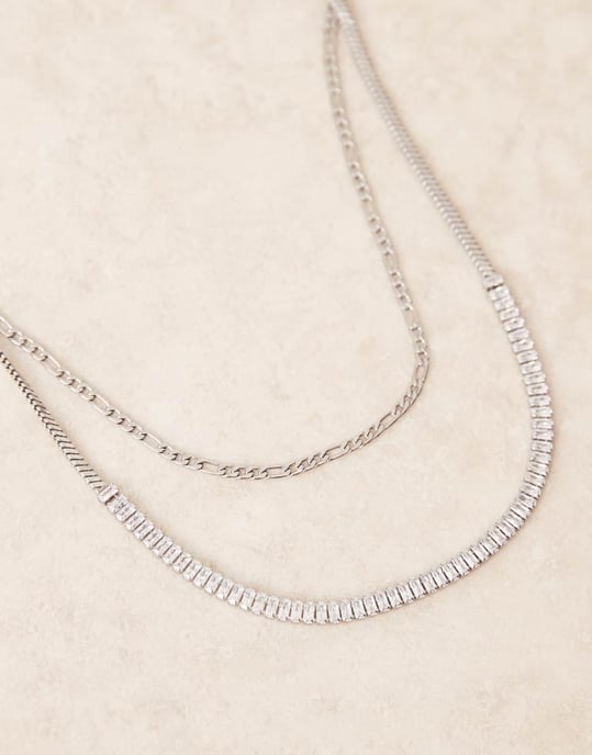 ASOS DESIGN festival vattentät rostfritt stål 2-pack baguette kristall och kedja halsband i silver - Image 2