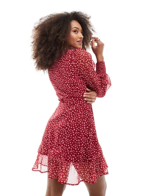 Wednesday's Girl smudge spot ruffle wrap mini dress in cherry red - Image 2