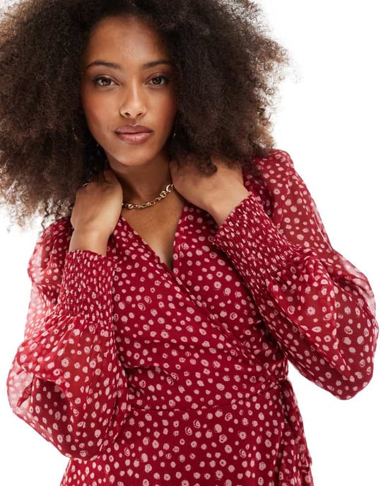 Wednesday's Girl smudge spot ruffle wrap mini dress in cherry red - Image 3