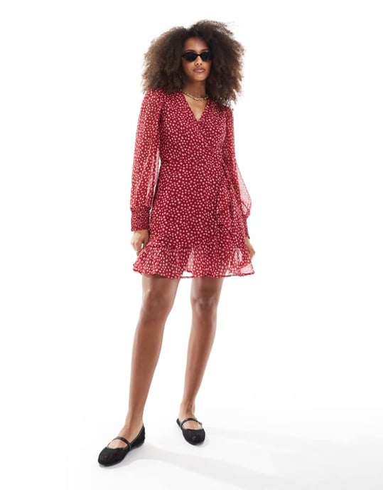 Wednesday's Girl smudge spot ruffle wrap mini dress in cherry red - Image 4