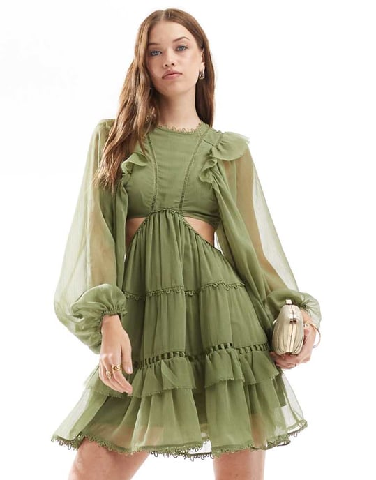 ASOS DESIGN höghalssminikjol med spetsdetaljer och volanger i salviagrön - Image 1